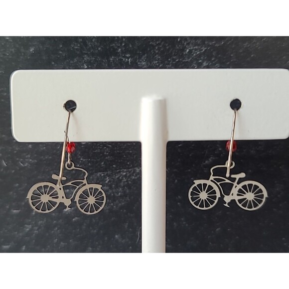 925 Sterling Silver Hook Red Bicycle Shaped Dangling Pierced Plastic Earrings - Picture 6 of 10
